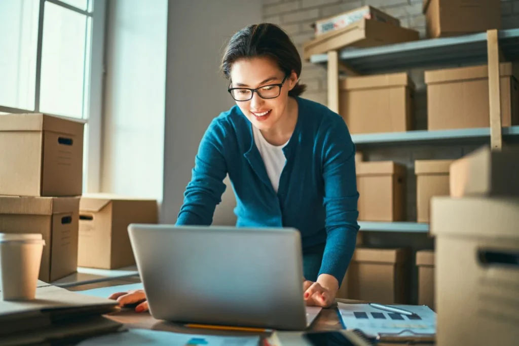 Woman Is Working At Warehouse For Online Store
